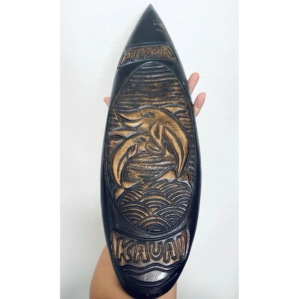Hawaii Hand‎ Carved Wood Wall Surfboard Dolphin, Seascape Aloha Kauai 20 Inches